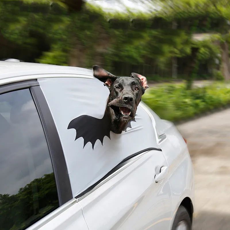 Grey polyester car sun shade with bat pattern and dog head hole on car window