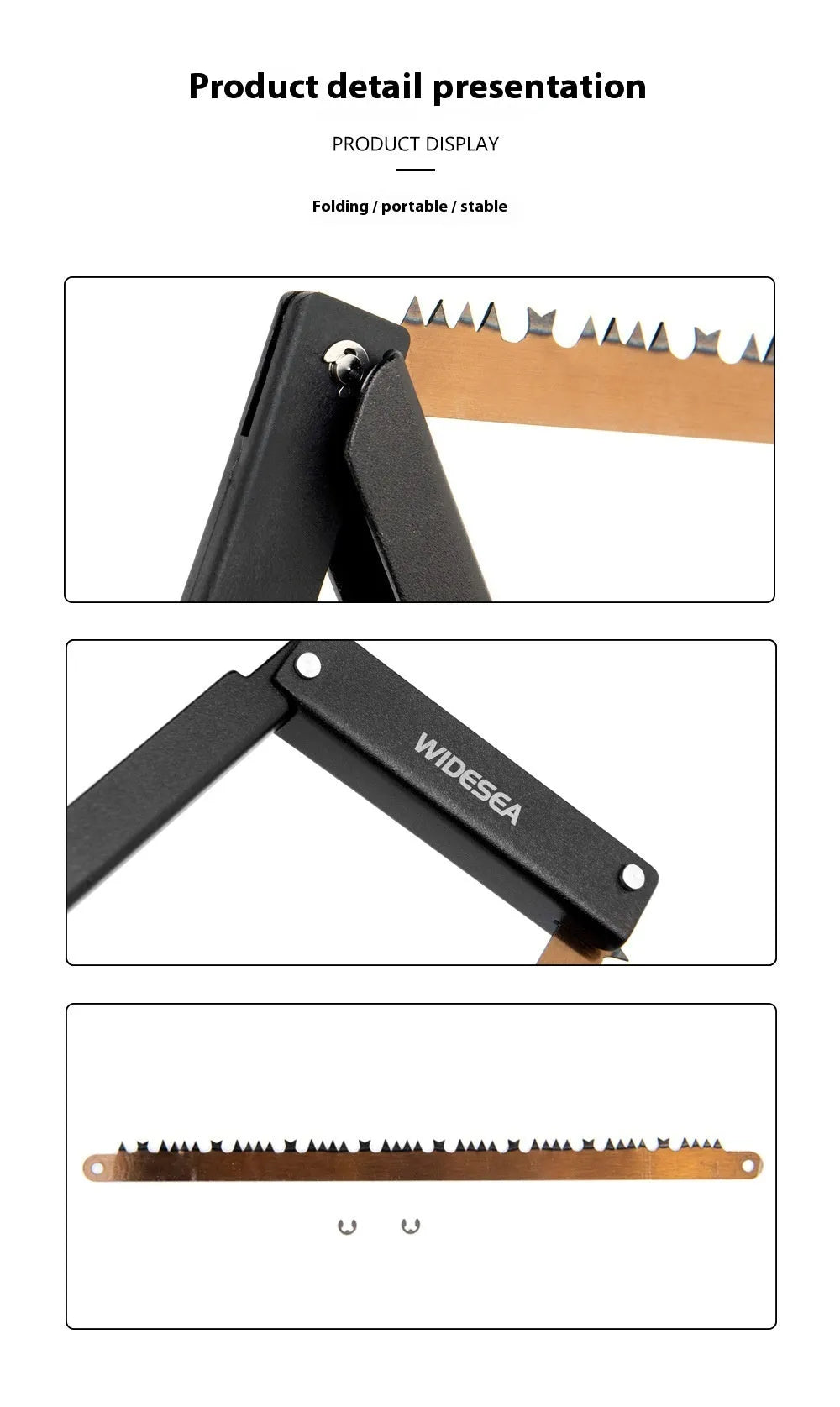 Black outdoor foldable saw with aluminium and nylon handle shown in open cutting position