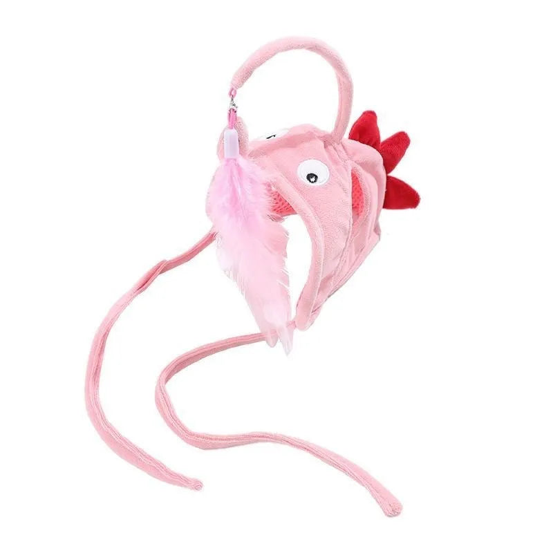 Grey feather head teaser cat stick toy with big eyes, adjustable neckband, shown on a cat.