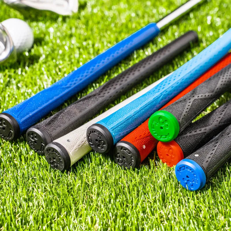 TPE and TPR golf club grip shown in multiple colour options including pink, red, blue, and two-tone designs.