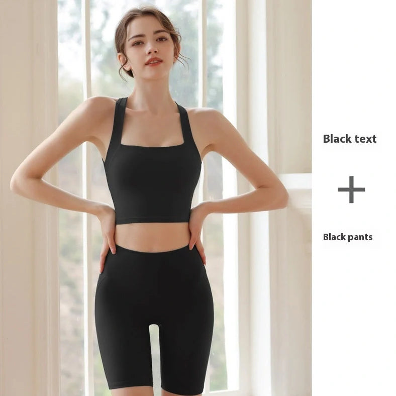 Cross gathered back exercise bra in nylon fabric with chest pad, shown in Army Green colour for running and yoga