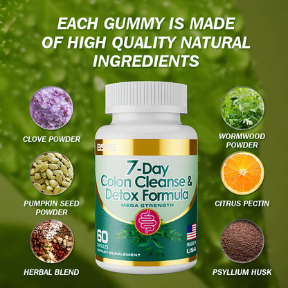 7-Day Colon Cleanse & Detox Formula Capsules bottle with 60 vegetarian capsules for digestive health