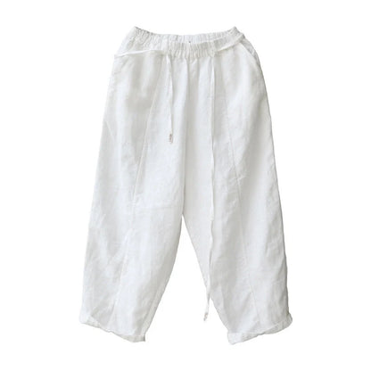 Women's artistic linen baggy pants with embroidery detail in white