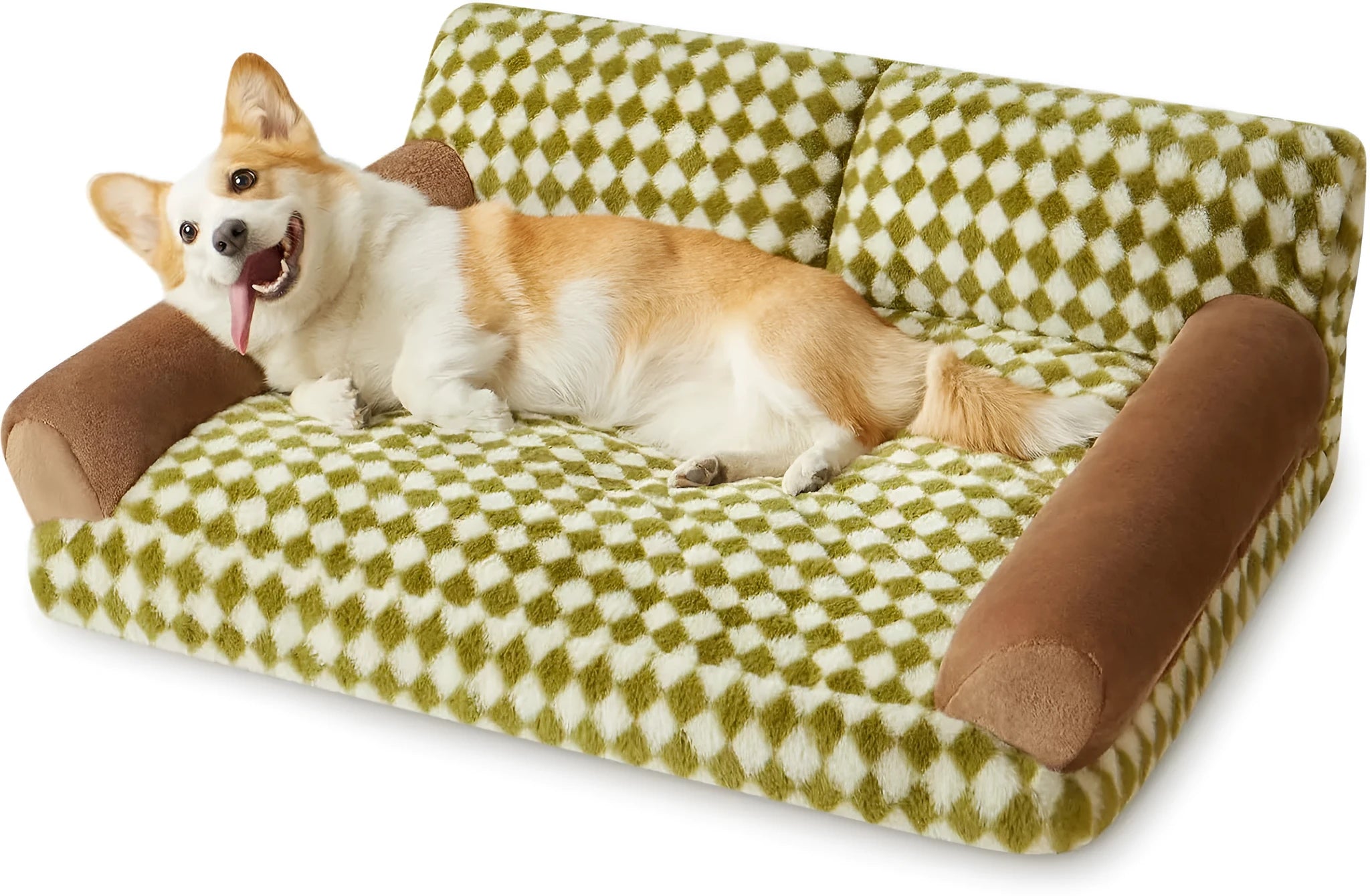 Checkered pattern pet sofa bed for a cat, showing removable cover and non-slip bottom.