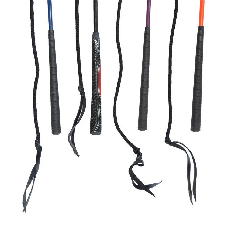 Advanced equestrian training whip showing approximately 120cm length with leather popper tip