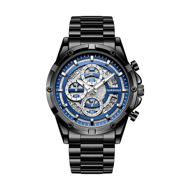 Men's waterproof luminous casual quartz watch with steel band in three colourway options.