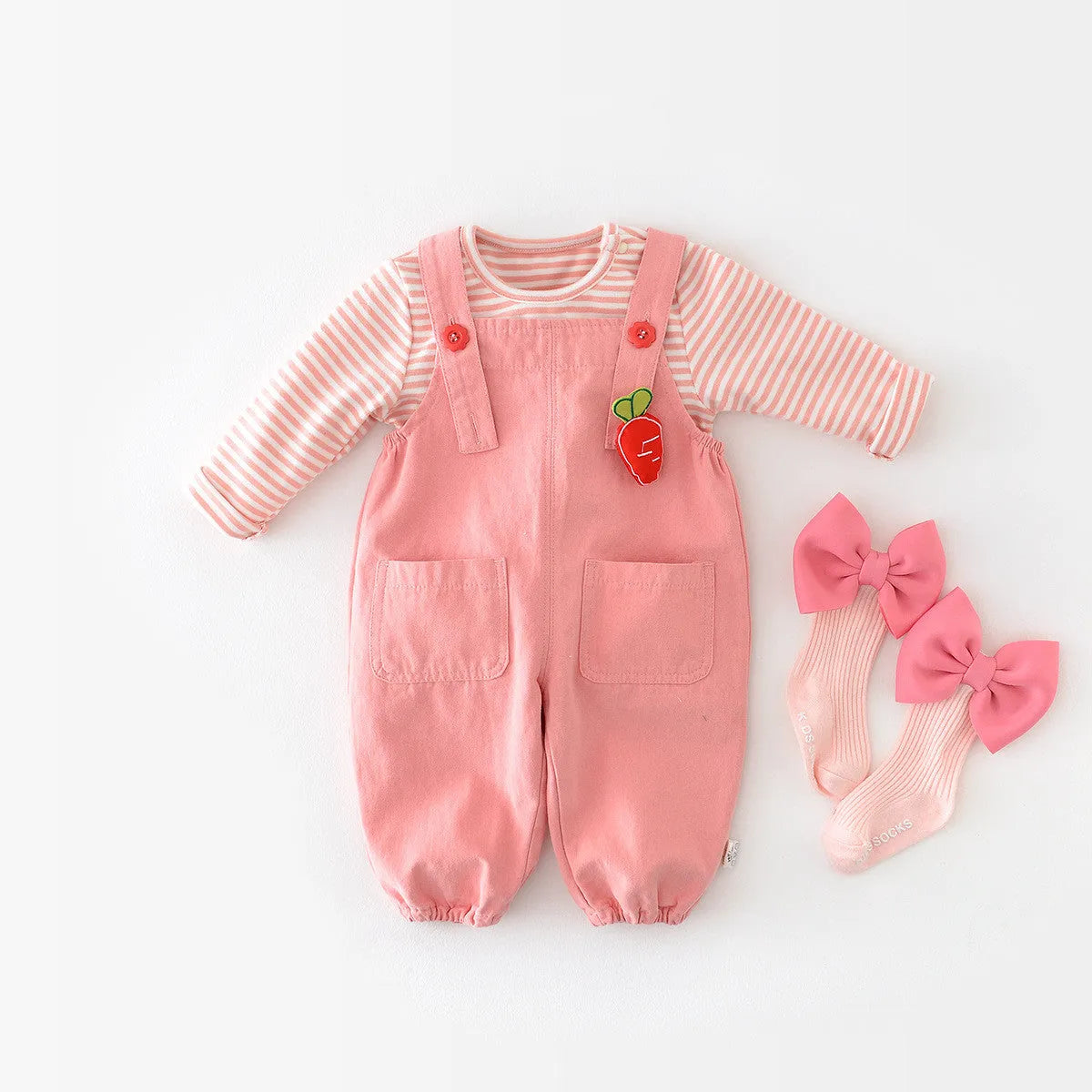 Baby cotton suspender pants pink overalls with cartoon rabbit ear design high waist