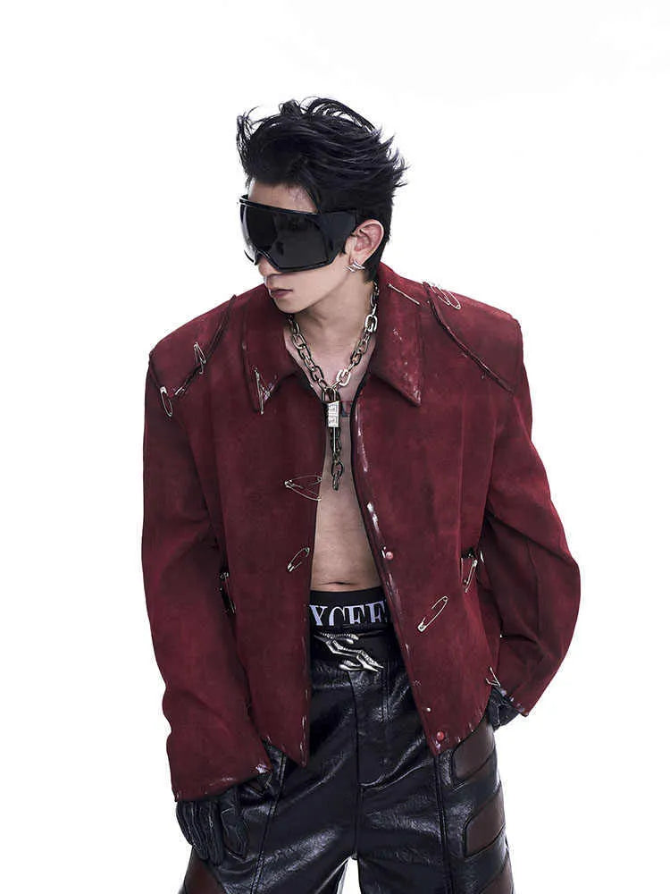 Men's red thick quilted jacket with fluffy flocking decorative pins and lapel collar