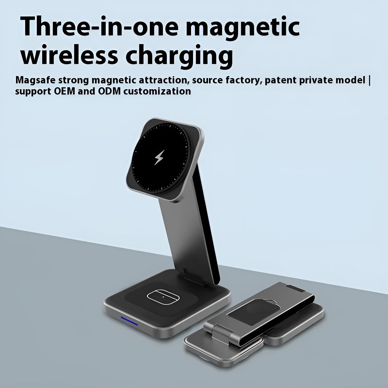 Folding alloy three-in-one wireless charger with magnetic support and digital display in black