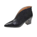 Women's black V-cut pointed toe ankle boots with embossed detail and a chunky block heel.