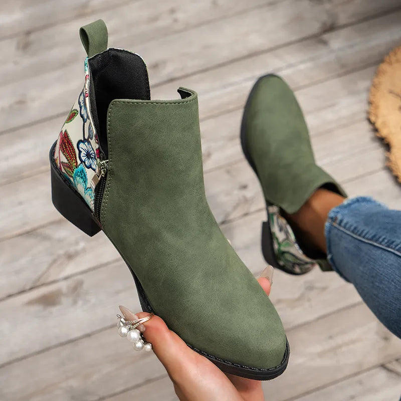 Flower printed ankle boots for women with chunky heel and side zipper, beige colour option