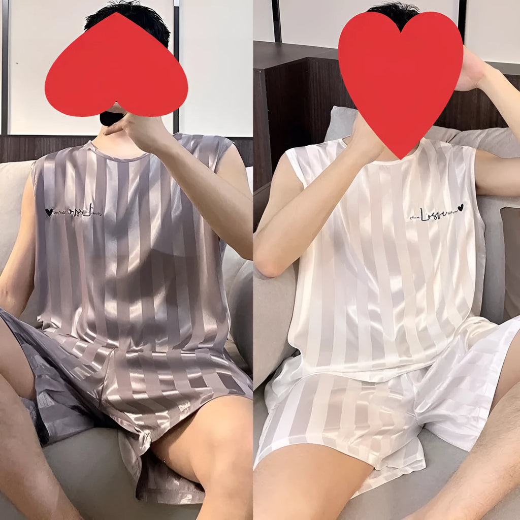 Men's ice silk vest and shorts pajama set in solid colour with embroidery, summer sleepwear