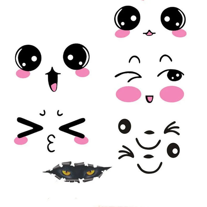 Pair of reflective cartoon eyes car stickers on a vehicle rearview mirror