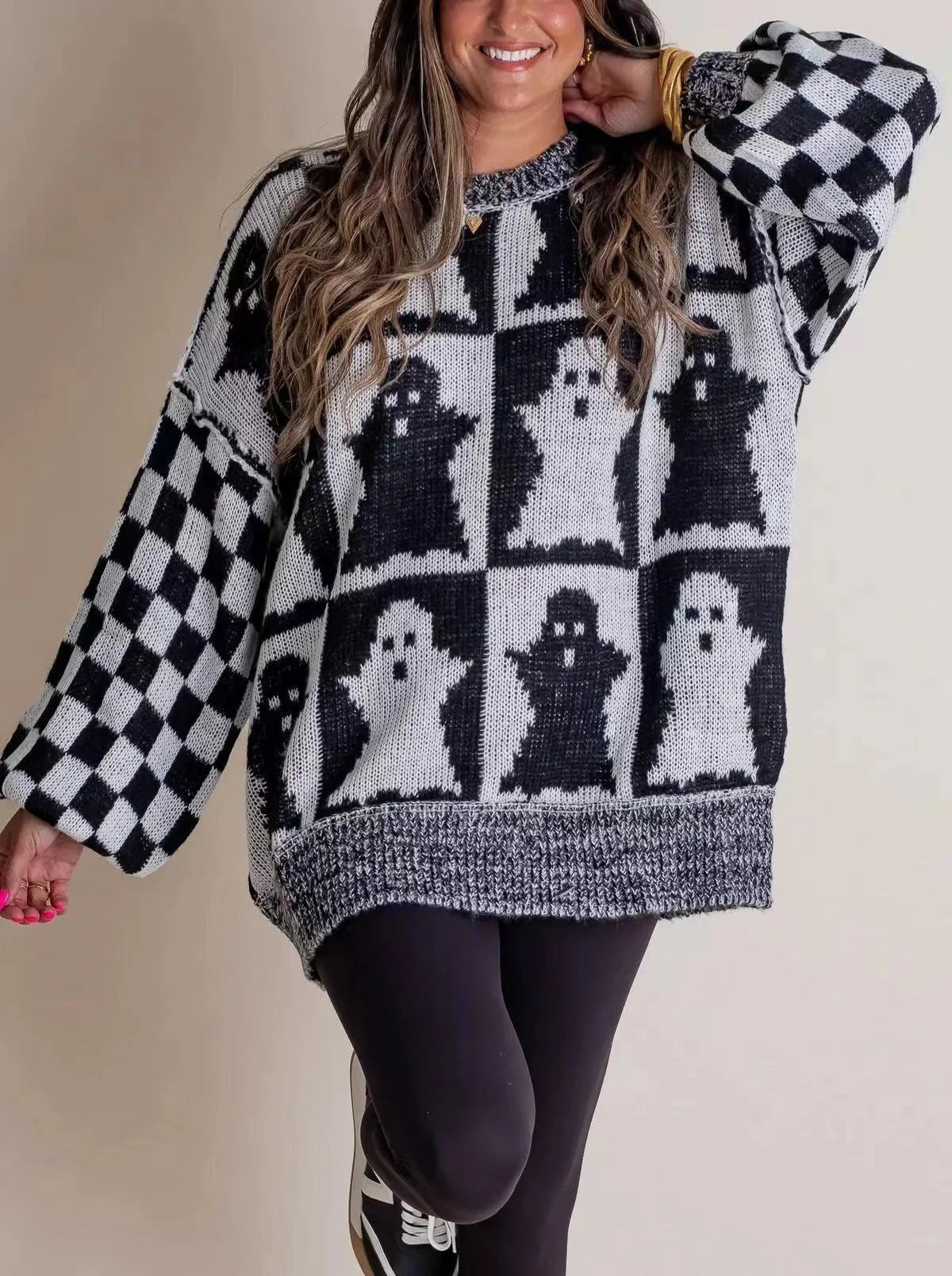 Halloween-themed pumpkin ghost knitted sweater for women in various colours