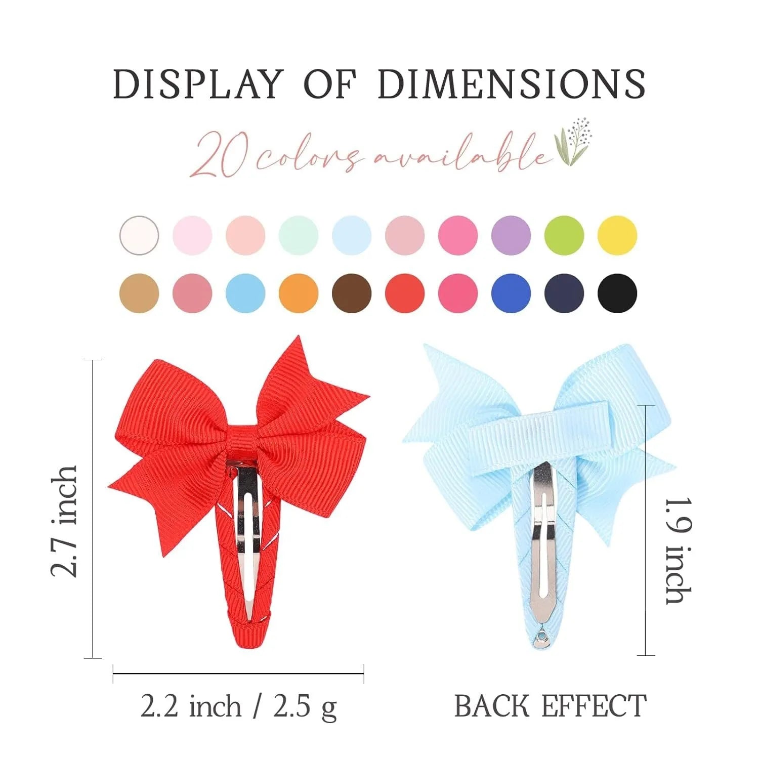40 piece set of grosgrain ribbon baby hair bows with snap clips in multiple colours