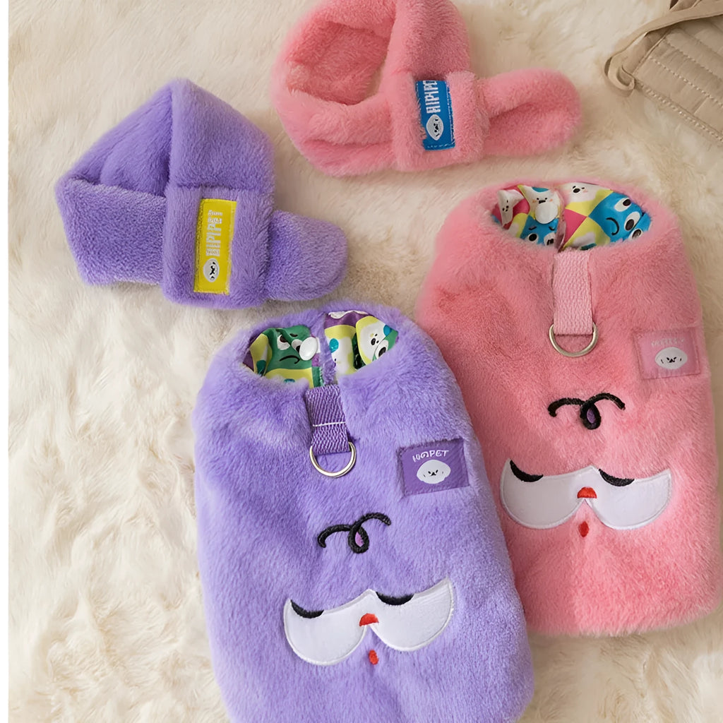 Autumn winter Korean pet hoodie with cute cartoon bear design and scarf in pink, shown on small dog