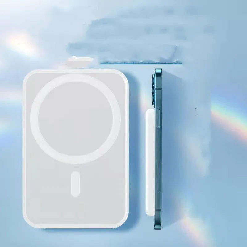 White magnetic wireless charger power bank with foot-shaped design showing dimensions
