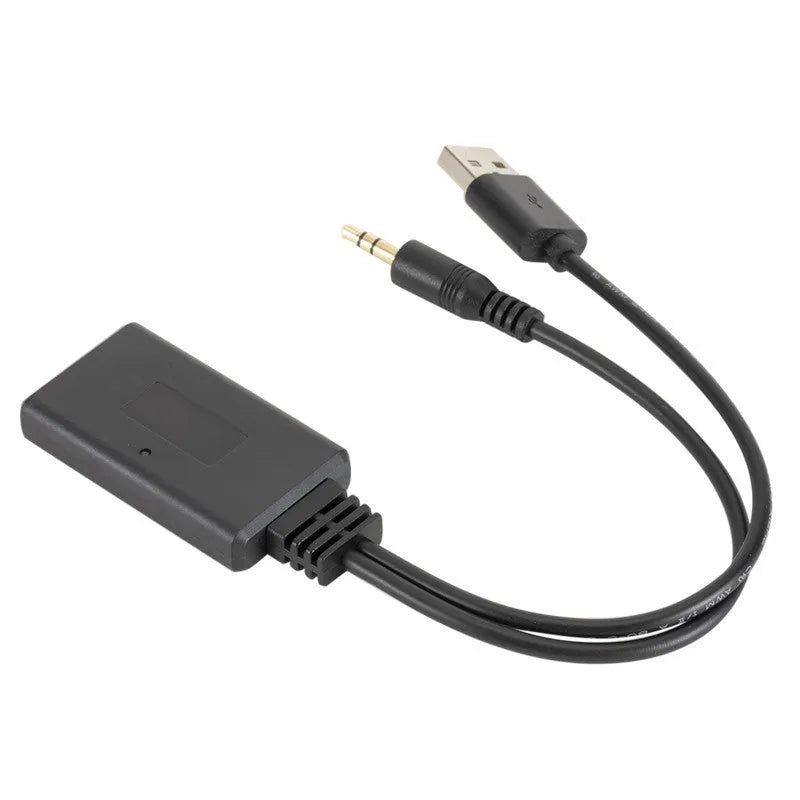 Black car Bluetooth audio receiver with AUX cable and USB port for wireless music streaming