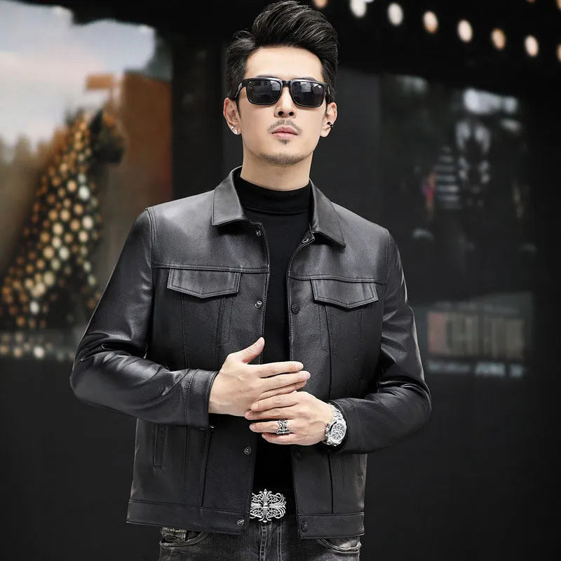 Men's black cowhide leather jacket with polo collar, polyester lining, sizes L to 5XL, front view