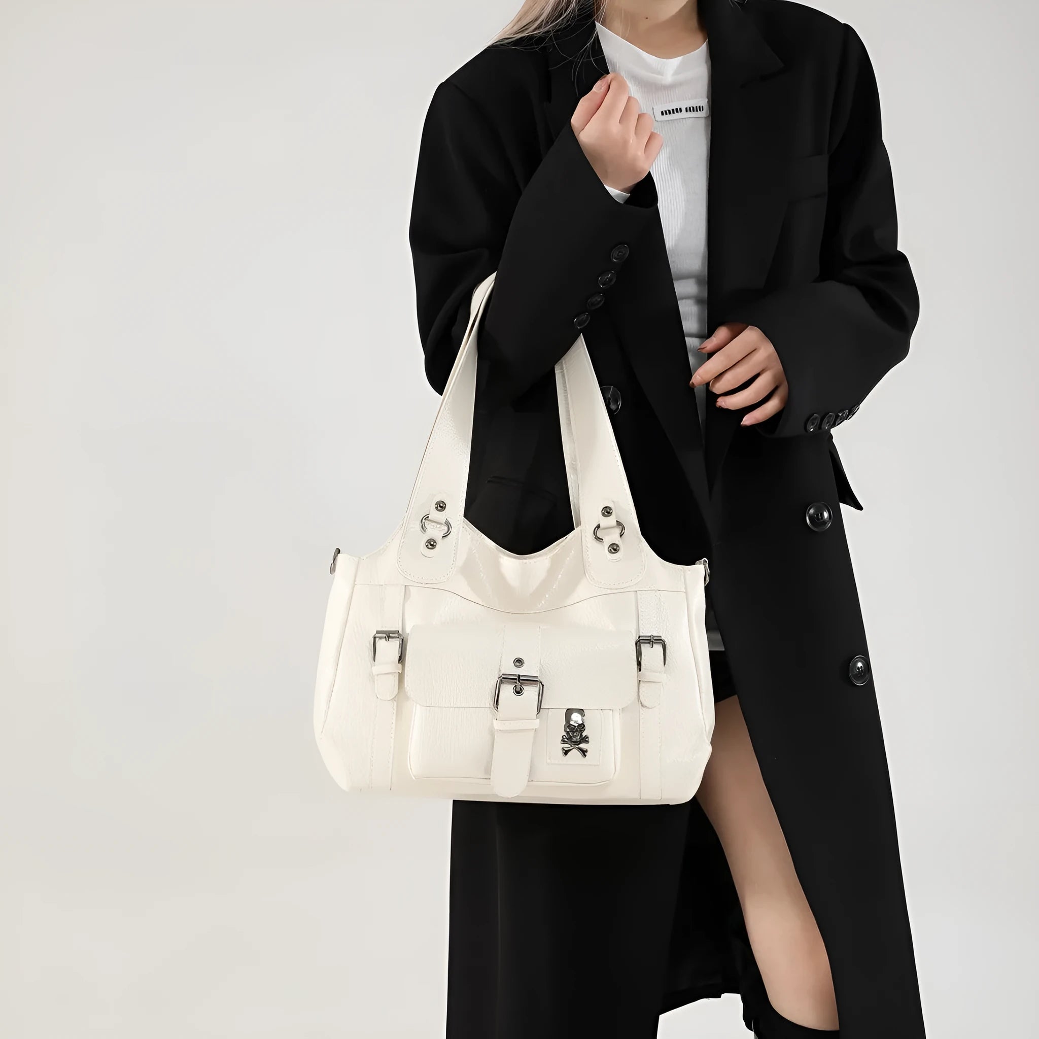 Sentong Qin soft PU large capacity shoulder bag in horizontal square shape, available in black, white, light brown, and burgundy