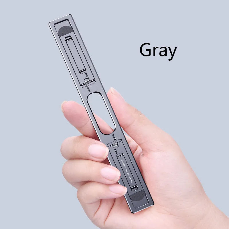 Aluminum alloy laptop cooling stand in dark grey or silver on a desk
