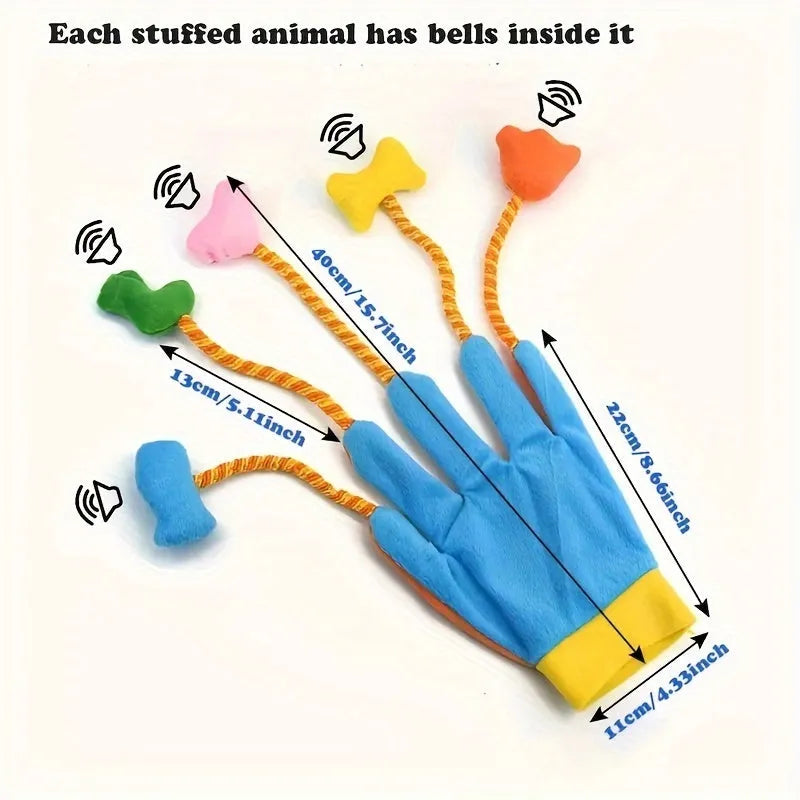 Yellow and blue plush cat play glove with bell measuring 40x11cm