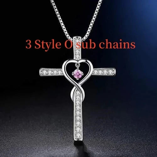 Christian Cross Birthstone Pendant Necklace with Zircon Heart in gold-plated finish
