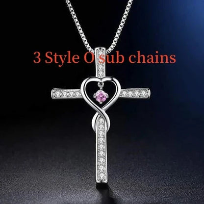 Christian Cross Birthstone Pendant Necklace with Zircon Heart in gold-plated finish