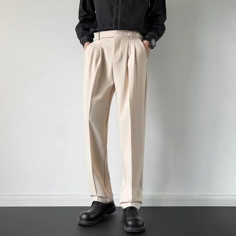 Men's straight-leg loose fit trousers in apricot colour on a hanger