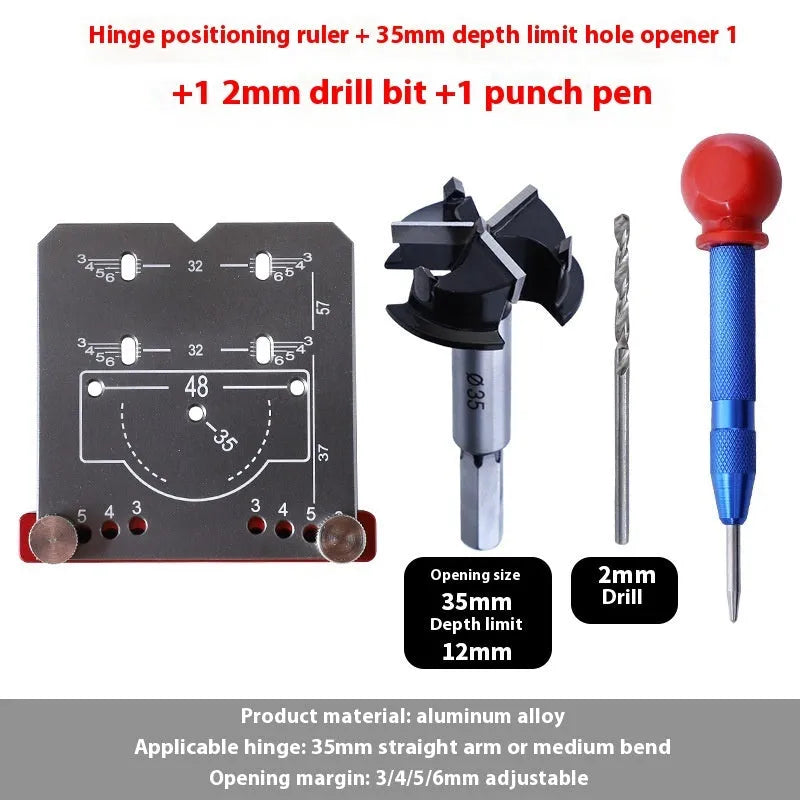Red aluminium hinge locating ruler tool with adjustable gauge and hard alloy tapper blade for 35mm cabinet hinges.