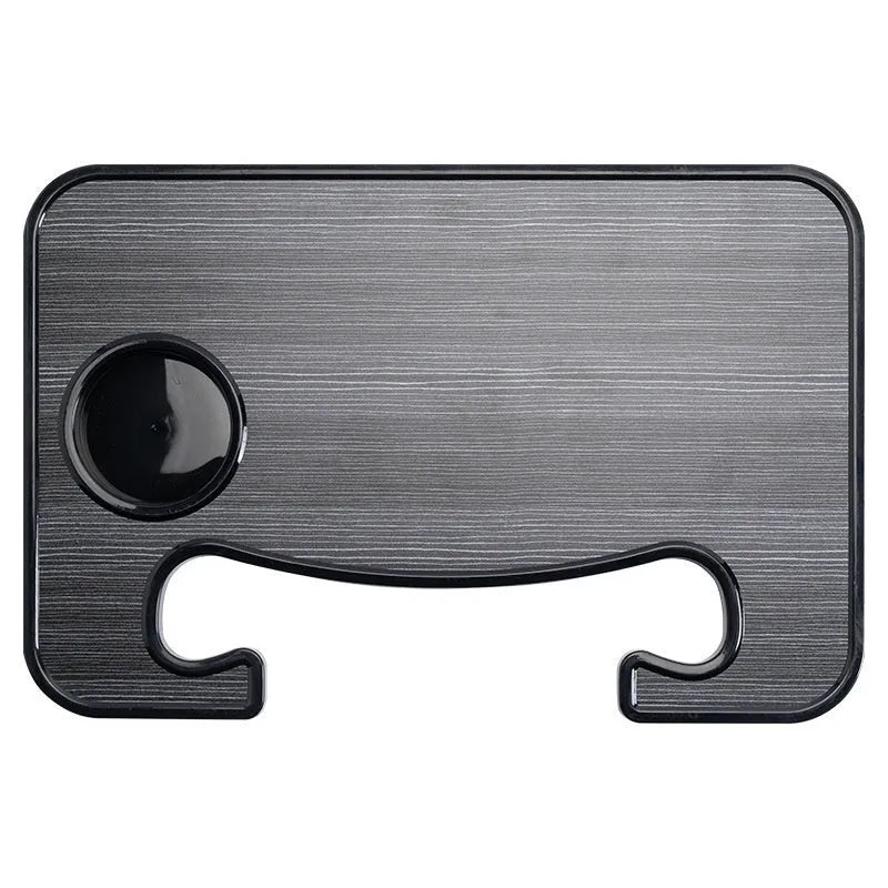 Car steering wheel laptop stand with table tray and foldable cup holder in matte black finish