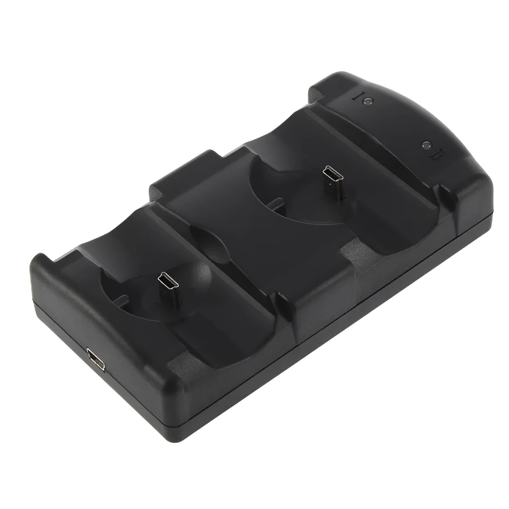 Black PS3 dual controller charging dock station showing two controllers on USB charging base.