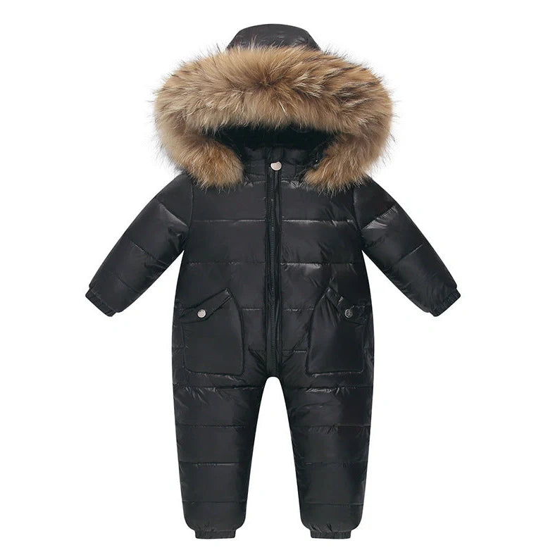 Baby wearing white duck down jacket with hood in yellow colour, suitable for 90-120cm heights