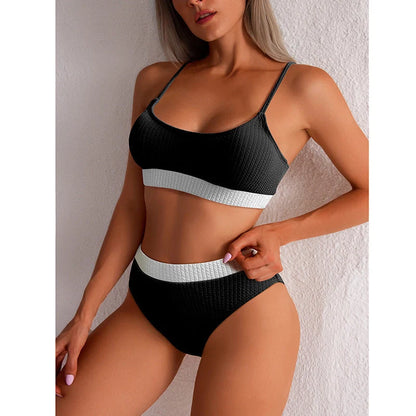 Women's high waist bikini set with push-up support and ribbed design in various colours