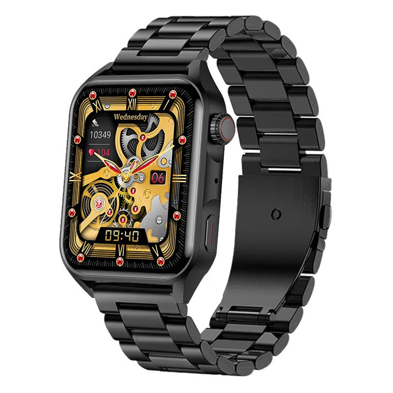 Black AMOLED smart watch with multi-dial display on a silicone wrist strap