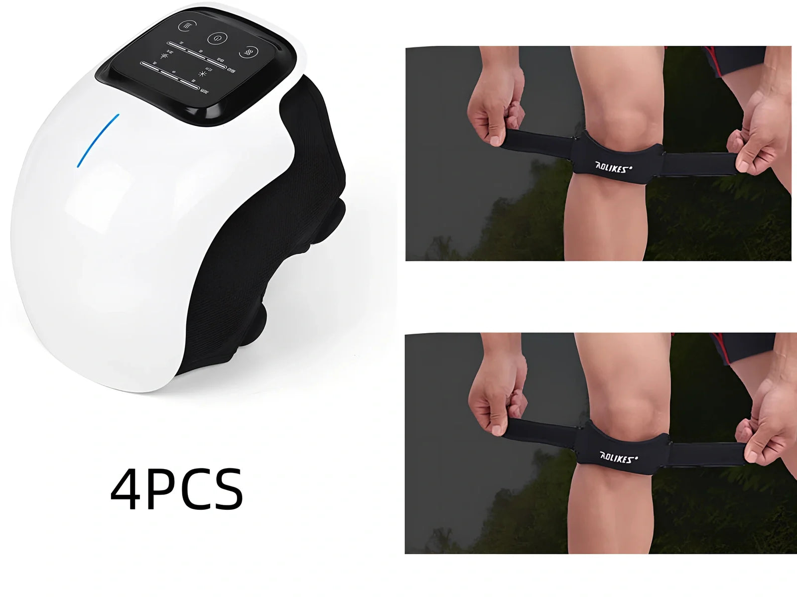 Smart knee massager with adjustable straps and LED display showing intensity levels