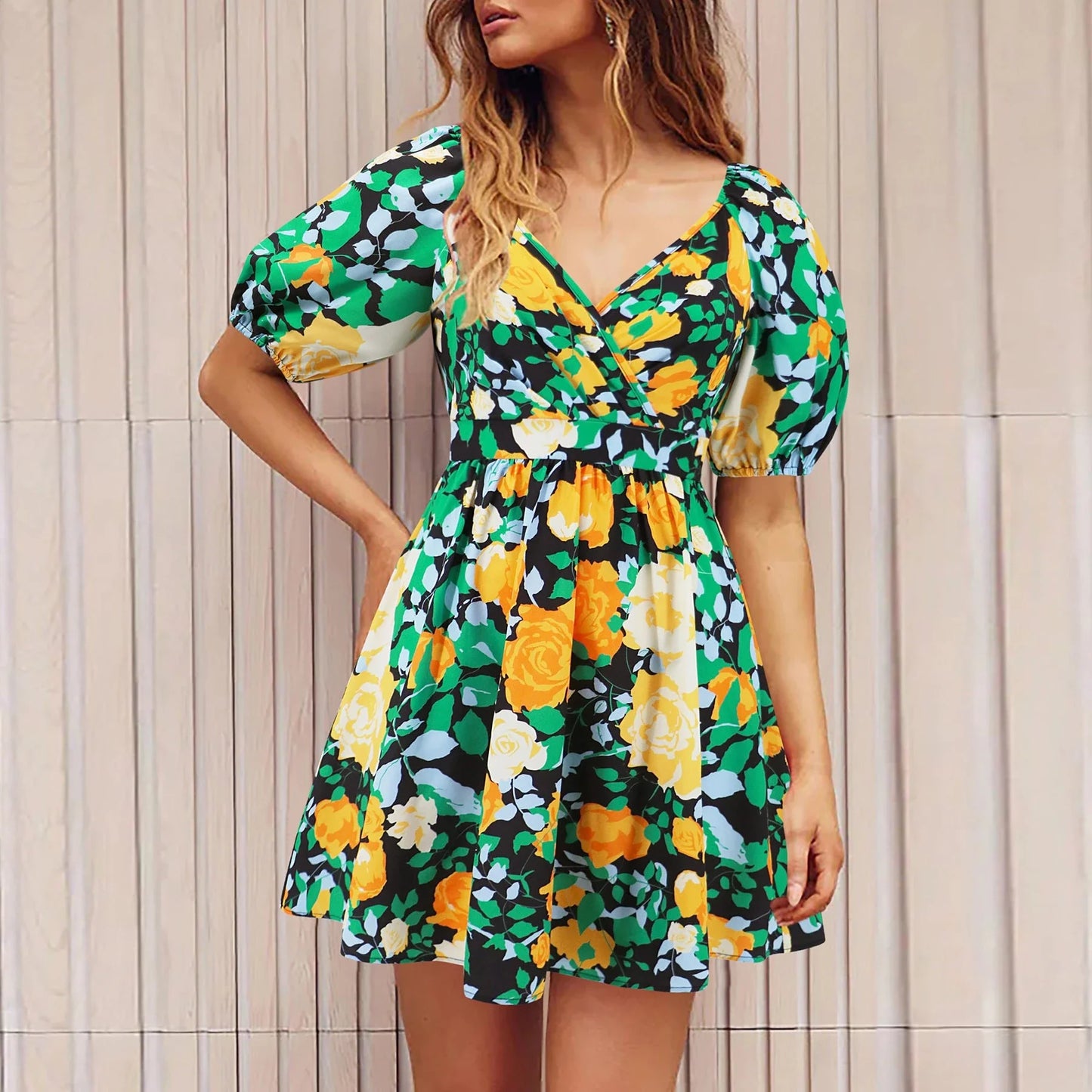 Trendy floral print summer dress with flattering lantern sleeves in vibrant colors