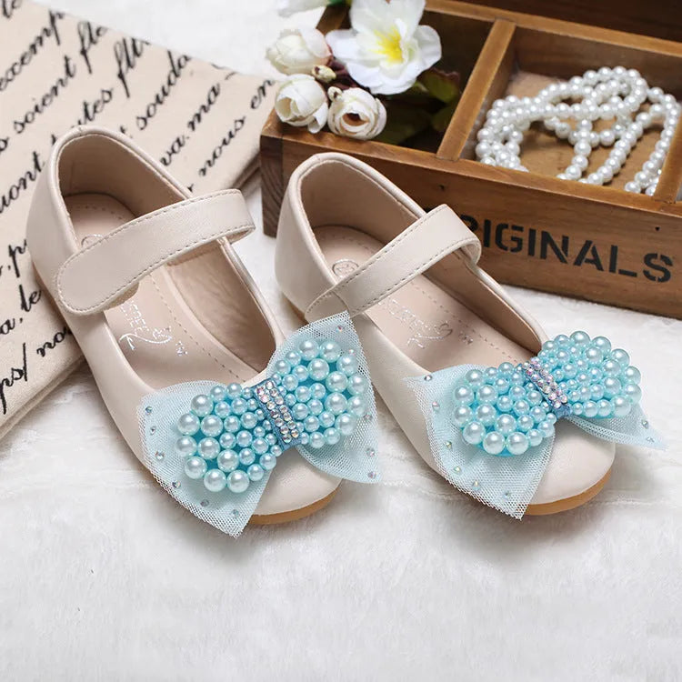 Girls' pearl bow leather wedding shoes, flat heel, Velcro closure, PU upper, beige white pearl colour
