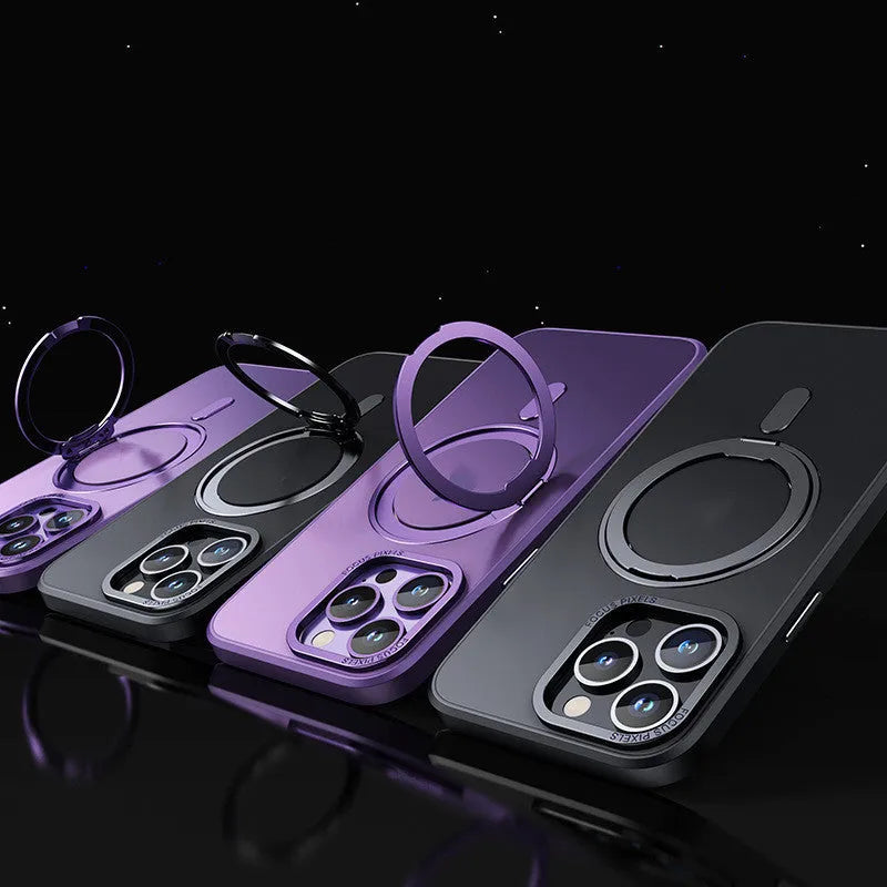 Transparent magnetic suction phone case for iPhone models on a metallic surface.