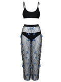 Black women's bikini three-piece set with butterfly voile fabric and optional pants