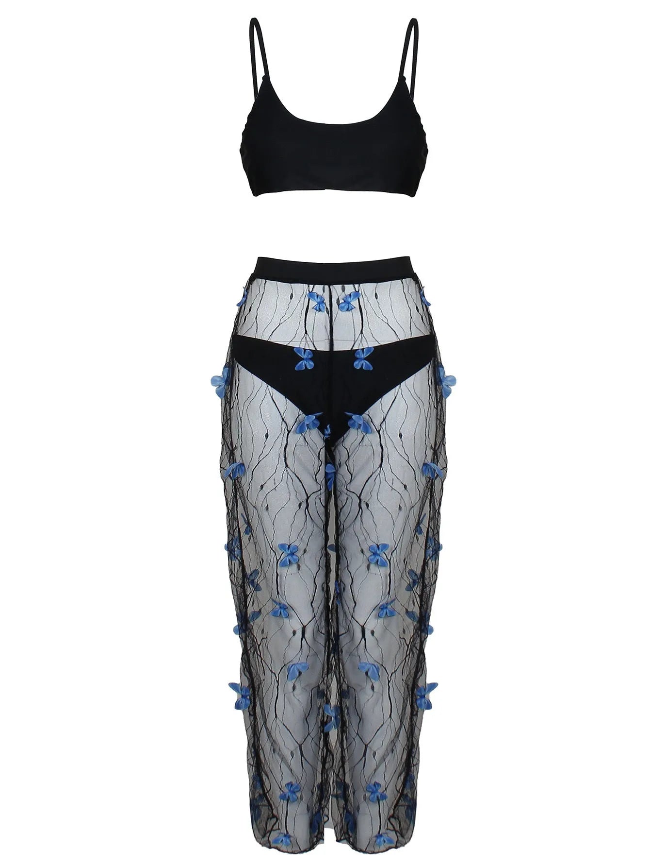 Black women's bikini three-piece set with butterfly voile fabric and optional pants