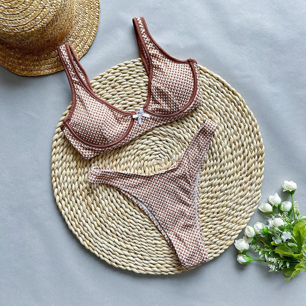 Brown plaid split women's swimsuit with high-waist design and sleeveless construction