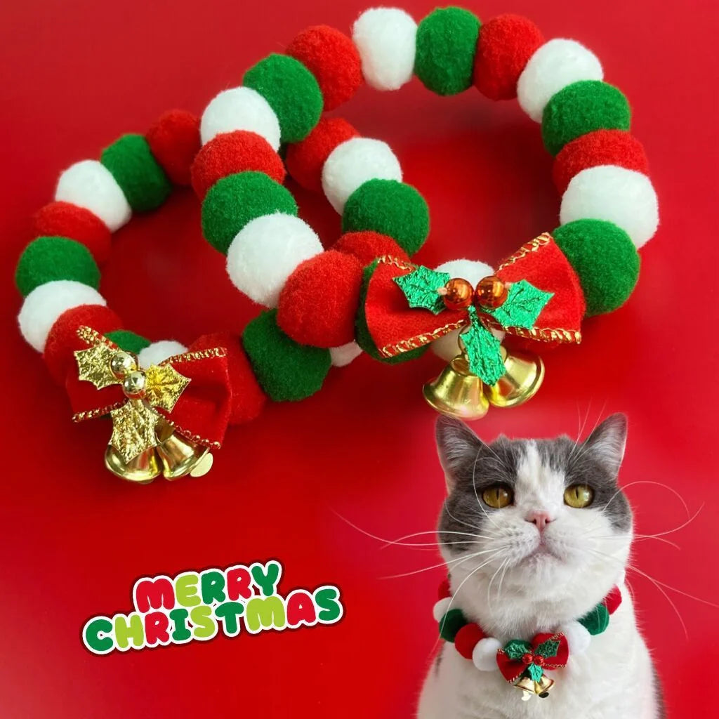 Festive plush ball pet collar for dogs and cats in green and golden leaves designs