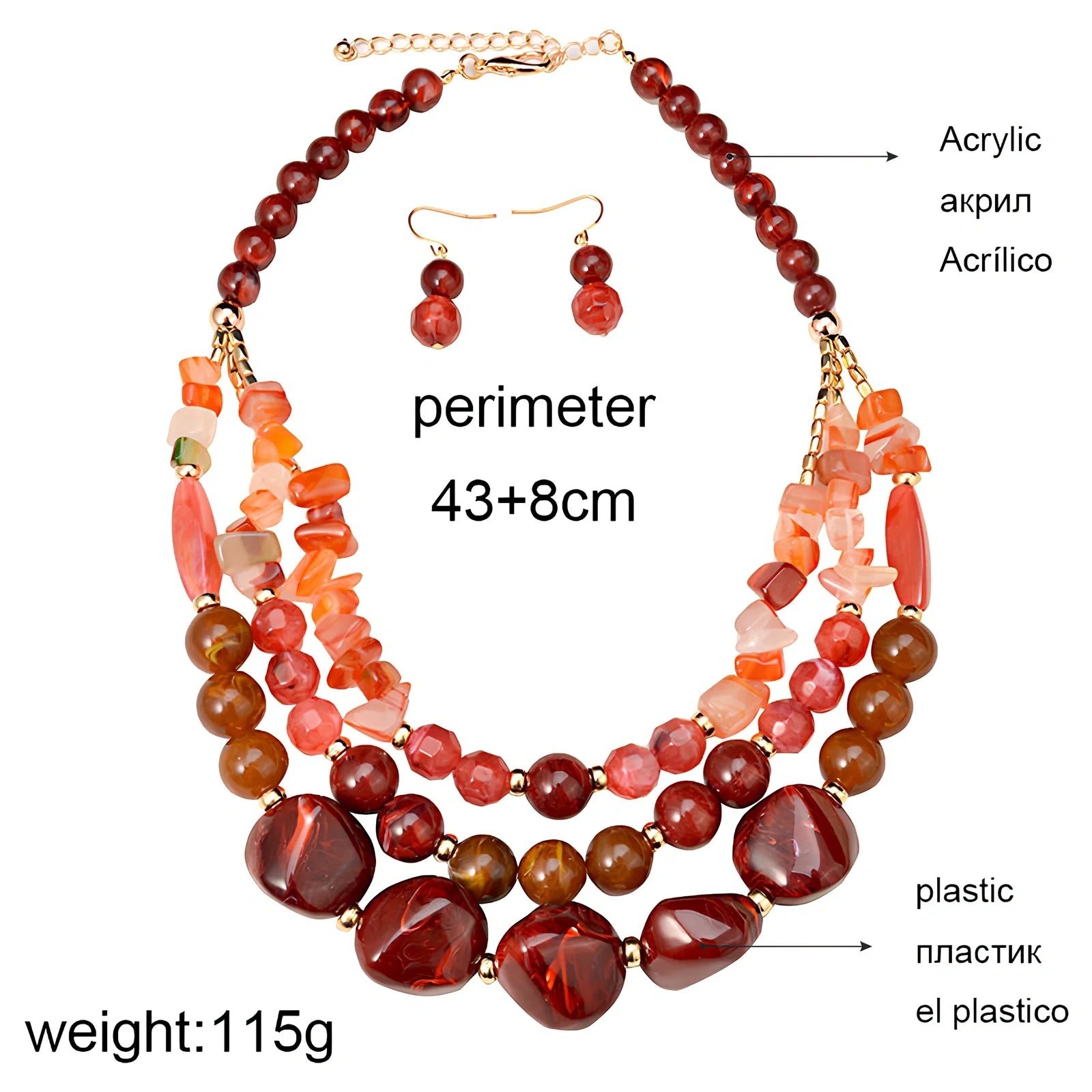 African beads jewellery set in black with 45cm plastic bead necklace and 5cm round earrings on zinc alloy