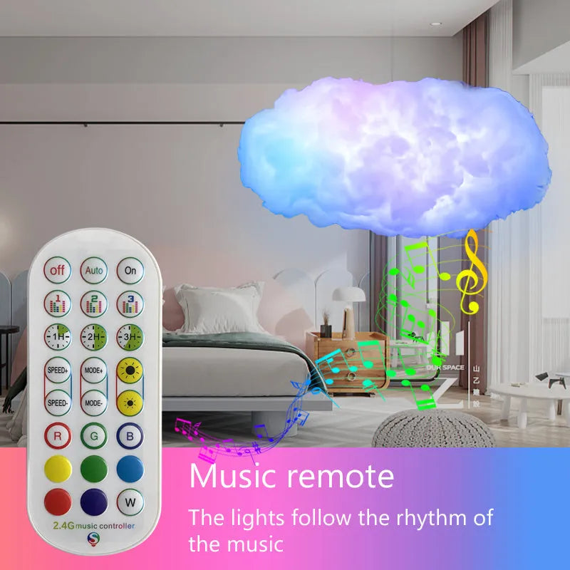 White fabric LED cloud pendant lamp with RGBIC colour changing and lightning simulation effects