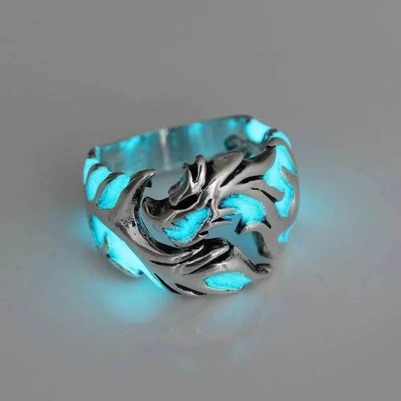 Adjustable Chinese style metal ring with luminous dragon pattern in antique silver blue green finish