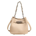 Soft PU leather retro bucket shoulder bag with chain detail in four colour options.
