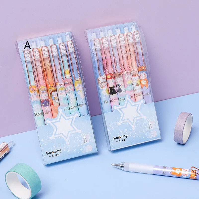 Six constellation-themed 0.5mm press gel pens with zodiac designs in plastic shells