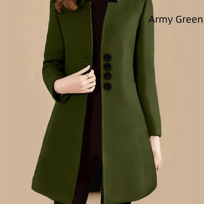 Women's slim-fit modal coat with rabbit fur fabric in army green colour, showing 40cm short length and Korean style cut