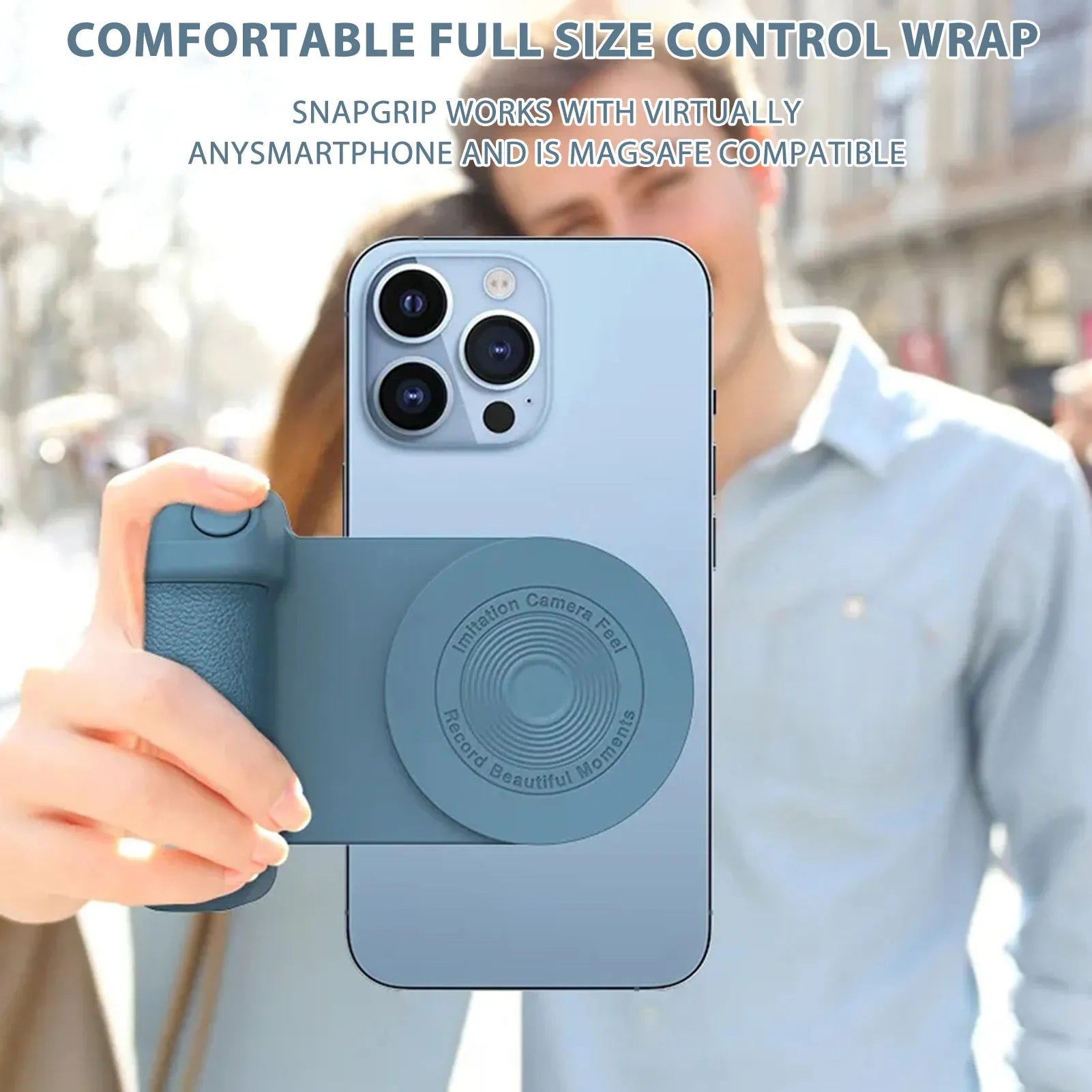 Black magnetic 3-in-1 phone camera grip and stand with ergonomic handle on a table